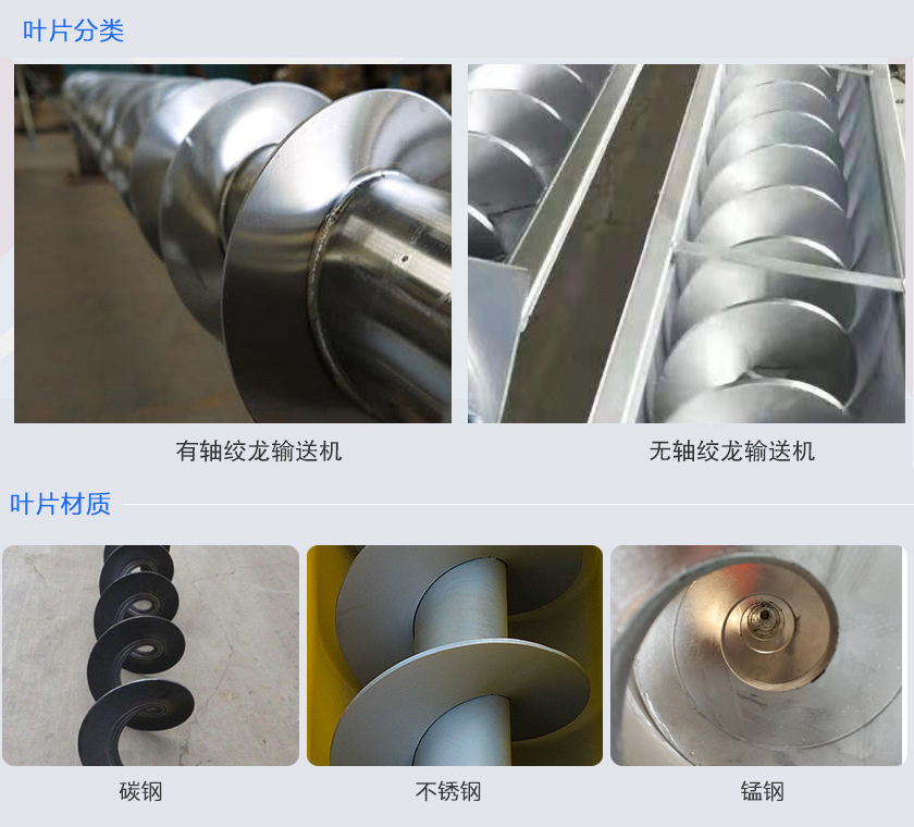 絞龍輸送機(jī)分為有軸和無軸絞龍輸送機(jī)，可根據(jù)物料不同選擇有碳鋼、不銹鋼、錳鋼等材質(zhì)。