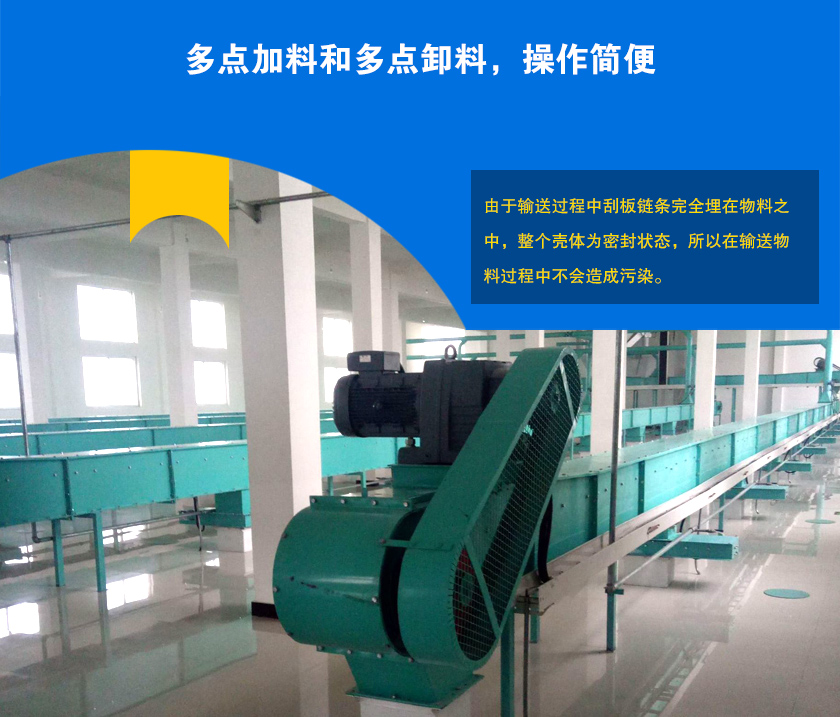 埋刮板輸送機(jī)可多點(diǎn)加料、卸料，輸送距離長(zhǎng)